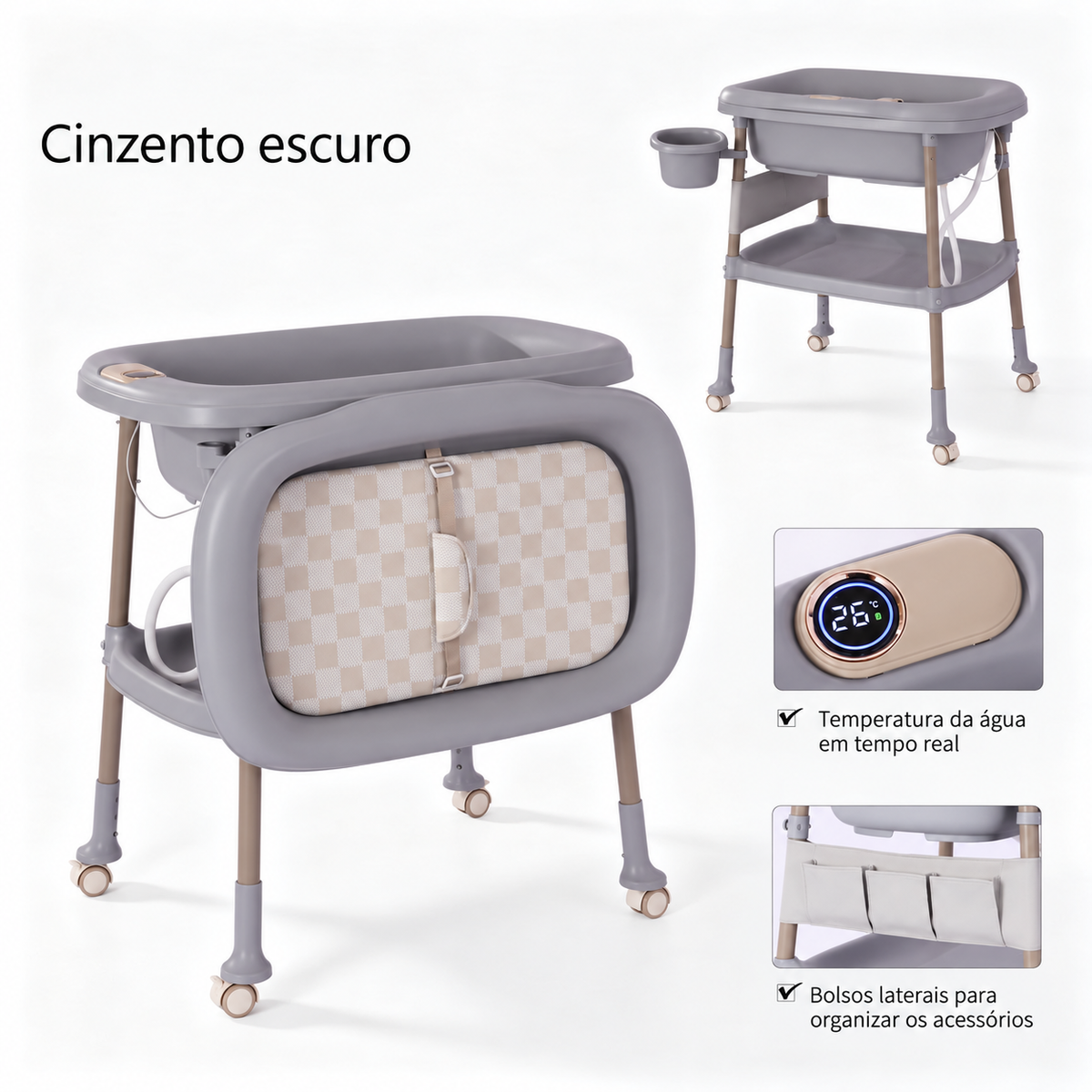 Banheira com trocador — Cinzento escuro — Termómetro digital e bolsos de arrumação
